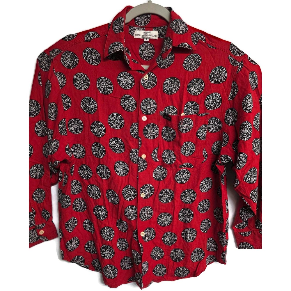 Vintage Guess By Georges Marciano Mens Red Rayon Graphic Print Shirt Size 1 M